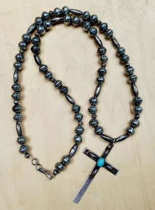 Vintage Native Sterling Bench Bead Necklace With Turquoise Cross Pendant