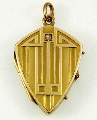 Antique Art Nouveau Art Deco 14k Gold Diamond 2 - Picture Shield Locket