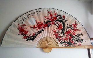 Giant Chinese Wood Hand Painted Fan Paper Scene Cherry Blossom 5’ Wide