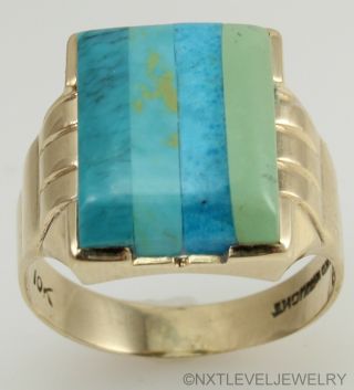 Antique Art Deco VERY RARE Turquoise Inlay Handwrought 10k Solid Gold Men ' s Ring 2