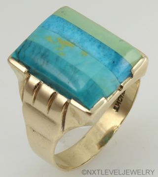 Antique Art Deco VERY RARE Turquoise Inlay Handwrought 10k Solid Gold Men ' s Ring 3