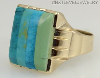 Antique Art Deco VERY RARE Turquoise Inlay Handwrought 10k Solid Gold Men ' s Ring 4