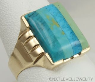 Antique Art Deco VERY RARE Turquoise Inlay Handwrought 10k Solid Gold Men ' s Ring 5