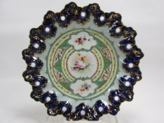 Antique Flow Blue Plate Cobalt Nippon Hand Painted Gold Flowers Ornate Holes