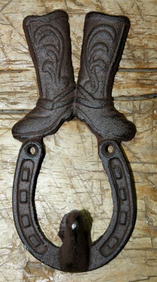 Cast Iron Rustic Ranch Cowboy Boots Coat Hooks Hook Rack Towel Horse Shoe