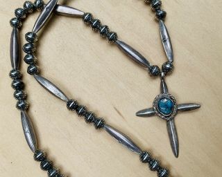 Vtg Native Sterling Bench Bead Necklace With Sand Cast Turquoise Cross Pendant