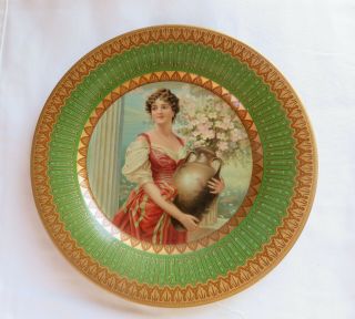 Antique Tin Litho Plate With Picture Of Woman With Urn