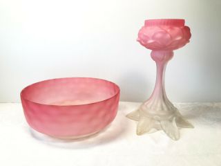 Vintage Rare Hand Blown Satin Pink Art Glass Vase & Bowl