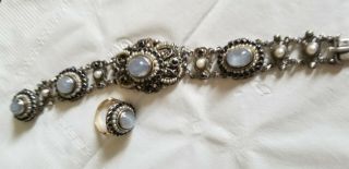 Antique 19th C Austro Hungarian Gilt Sterling Sapphire Pearl Bracelet Gold Ring