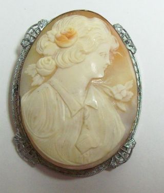 Gorgeous Vintage Sterling Filagree Large Shell Cameo Brooch Pin