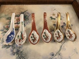 6 Vintage Oriental Chinese Ceramic Soup Spoon