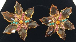 Sparkling Vintage Miriam Haskell Earrings Golden Amber Glass/Rhinestones Signed 2
