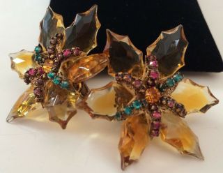 Sparkling Vintage Miriam Haskell Earrings Golden Amber Glass/Rhinestones Signed 4