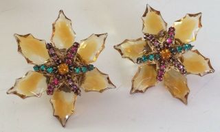 Sparkling Vintage Miriam Haskell Earrings Golden Amber Glass/Rhinestones Signed 5