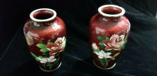 Fine Old Japanese Cloisonne Enamel Roses With Silver Rim 5 " Vases