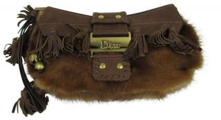 Dior Limited Edition Vintage Mink Fur Clutch Studded Brown Leather Wristlet Sm