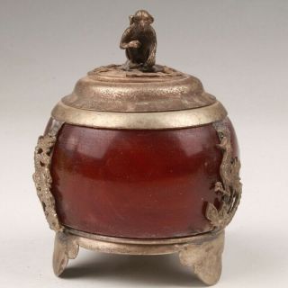 Chinese Tibetan Silver Jade Handmade Carving Incense Burner Decorative Gift