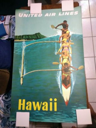 United Air Lines Vintage Travel Poster Hawaii Signed Riding The Wave