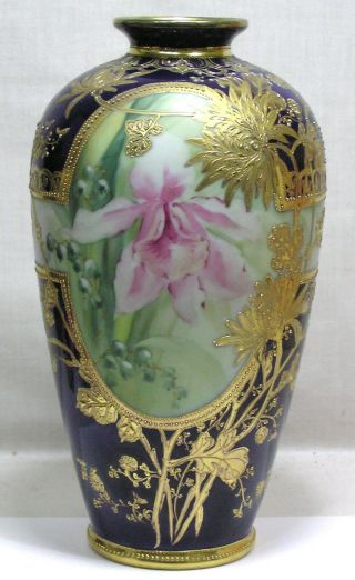 Vtg 1920s Hand Painted Nippon Vase Cobalt & Gold Pink Orchids 11 1/2 " Tall