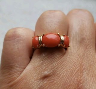 Vintage 14K Yellow Gold 3 Cab Salmon Coral Ring Size 6 - 4.  5 Grams 4