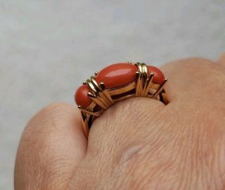 Vintage 14K Yellow Gold 3 Cab Salmon Coral Ring Size 6 - 4.  5 Grams 5