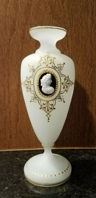 Antique Hand Painted White Satin Bristol Glass Vase With Cameo & Gold Artwork
