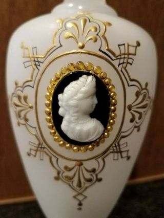 Antique Hand Painted White Satin Bristol Glass Vase with Cameo & Gold Artwork 2