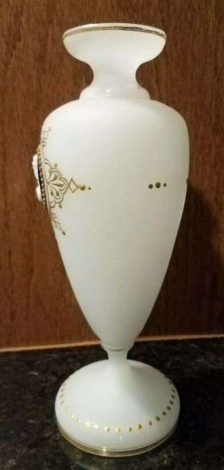 Antique Hand Painted White Satin Bristol Glass Vase with Cameo & Gold Artwork 3