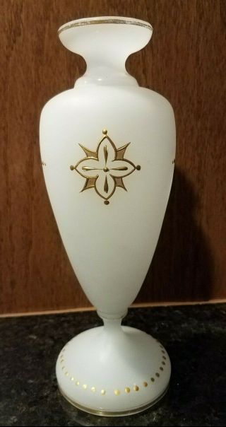 Antique Hand Painted White Satin Bristol Glass Vase with Cameo & Gold Artwork 4