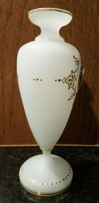 Antique Hand Painted White Satin Bristol Glass Vase with Cameo & Gold Artwork 5