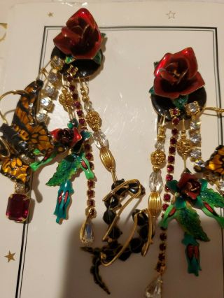 Lunch at the Ritz VAULT Red ROSE GARDEN BUTTERFLY Earrings RARE BOLD HARD FIND 10
