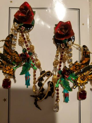 Lunch At The Ritz Vault Red Rose Garden Butterfly Earrings Rare Bold Hard Find