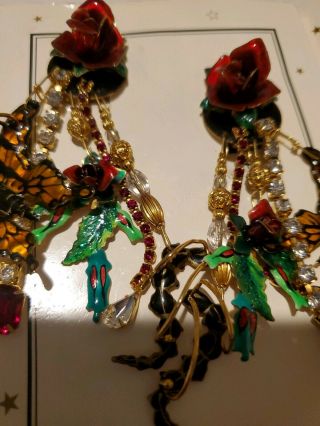 Lunch at the Ritz VAULT Red ROSE GARDEN BUTTERFLY Earrings RARE BOLD HARD FIND 8