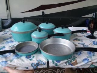 Vtg 10 Pc.  Club Aluminum Turquoise Blue Cookware Fryer Lids Retro Pots Pans