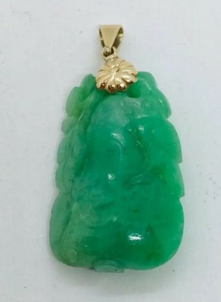 Chinese Vintage Carved Green Jade Bird Fruit 14k Gold Link Pendant