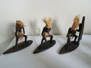 Surfer Trio Tribal Wood Figures Vintage Hawaiian Tiki Hair Hand Carved