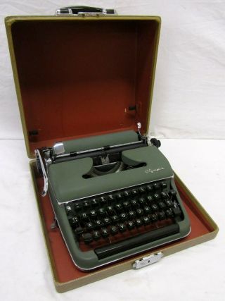 Vintage Olympia Werke West Germany Green Metal Portable Typewriter W/ Case