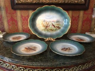 Emerald Green With Brushed Gold Trim Antique Game Platter And Matching Plates