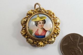 Antique Swiss 18k Gold Enamel Miniature Portrait Locket Back Pendant C1830