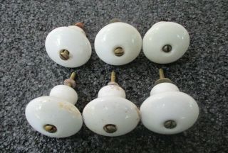 Vintage White Porcelain Center Hole Set Of 6 Drawer Pulls Knobs 1 1/2 " Diameter