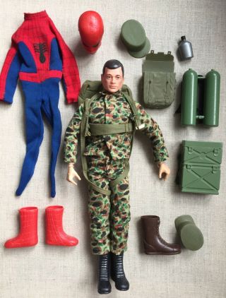 Vintage Gi Joe 1964 Made In Canada With Spiderman Uniform,  Accessories