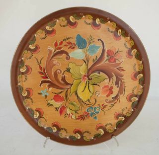Vintage Russian Folk Art Wood Hand Painted Round Floral Tray 16 "