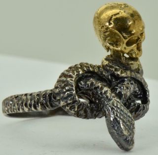 Antique Victorian Memento Mori Skull&snake Vermeil Silver Ring.  Rare