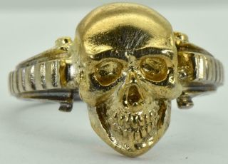 Rare Antique Victorian Memento Mori Skull Gold Plated Silver Ring.