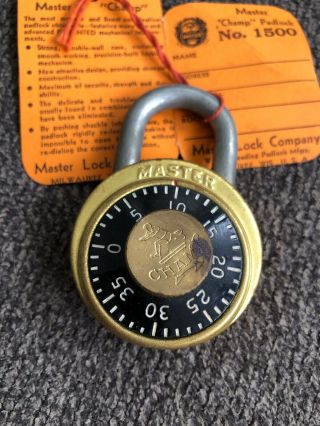 Vintage Master “champ” Brass Combination Padlock 1500 With Combination 6.  24.  30