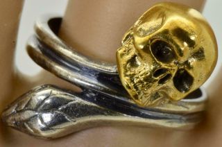 Antique Victorian Memento Mori Skull&Snake gold plated sterling silver ring. 2
