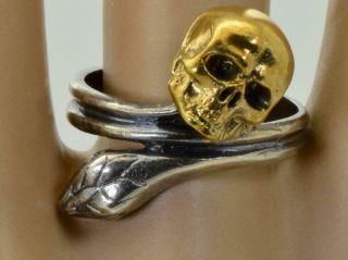 Antique Victorian Memento Mori Skull&Snake gold plated sterling silver ring. 3