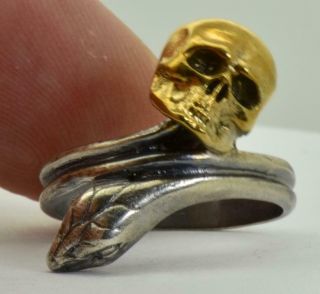 Antique Victorian Memento Mori Skull&Snake gold plated sterling silver ring. 5