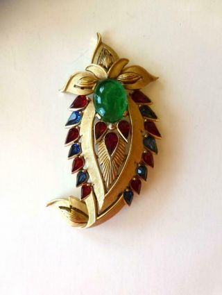 Rare - Crown Trifari Jewels Of India Gripoix Style " Emerald " Paisley Jigha Brooch