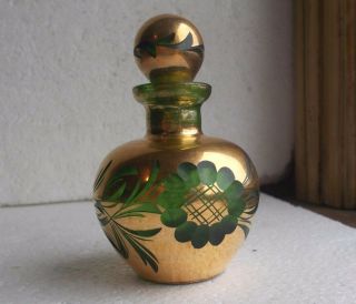 Gold Cut To Green Handblown Cut Glass Perfume Bottle Irving Rice 1940s W/ Label